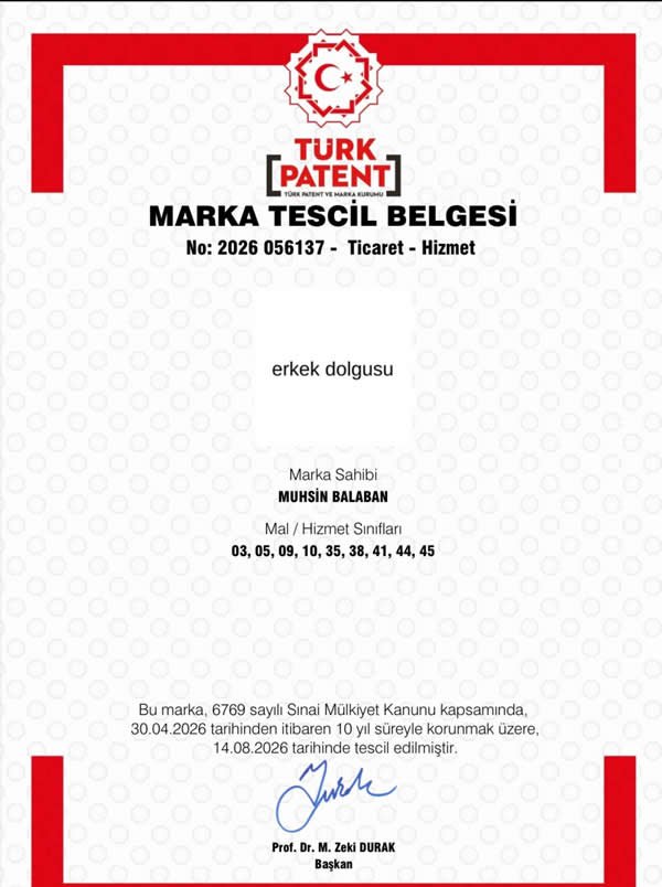 Erkek dolqusu marka tescil belgesi
